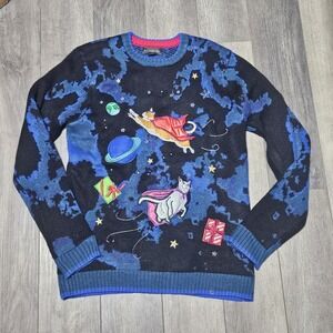 Blizzard Bay Super Hero Space Cats Light Up Christmas Sweater Medium Ugly Flying